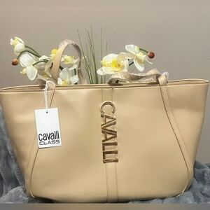 NWT Cavalli Class Tan Tote Bag with Gold Accent